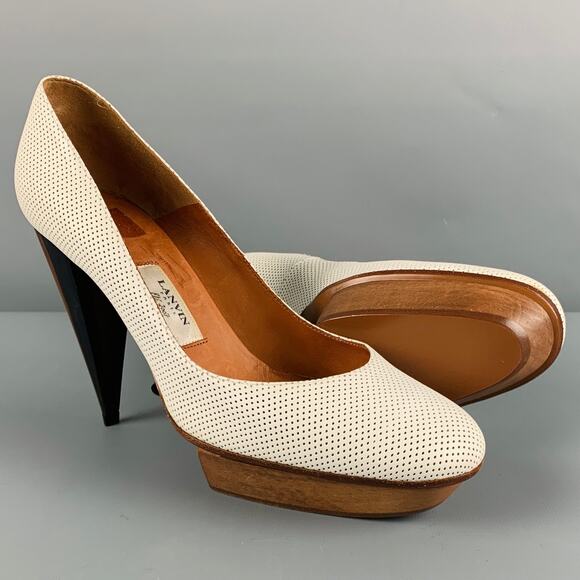 LANVIN Size 11 White Brown Leather Perforated Platform Pumps - Picture 5 of 10